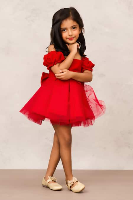 Shop_Pinkcow designs pvt ltd_Red Net, Velvet Bows Embellished Off Shoulder Dress _Online_at_Aza_Fashions