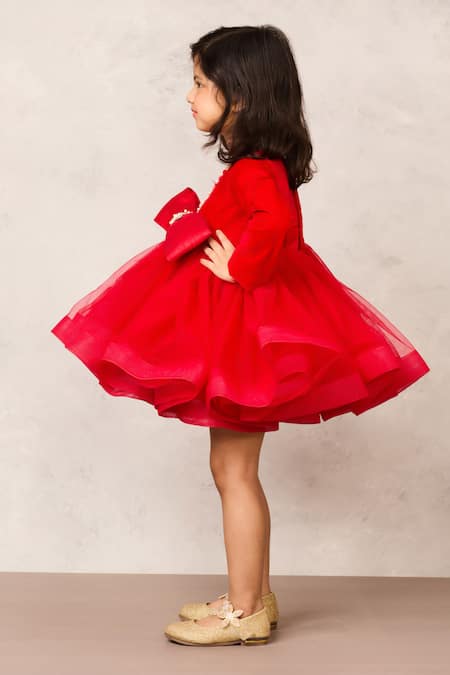 Pinkcow designs pvt ltd_Red Net, Velvet, Cotton Pearls, Bows Embellished Ruffled Dress _Online_at_Aza_Fashions