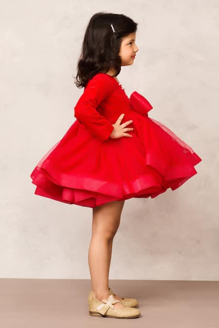 Buy_Pinkcow designs pvt ltd_Red Net, Velvet, Cotton Pearls, Bows Embellished Ruffled Dress _Online_at_Aza_Fashions
