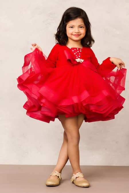 Shop_Pinkcow designs pvt ltd_Red Net, Velvet, Cotton Pearls, Bows Embellished Ruffled Dress _Online_at_Aza_Fashions