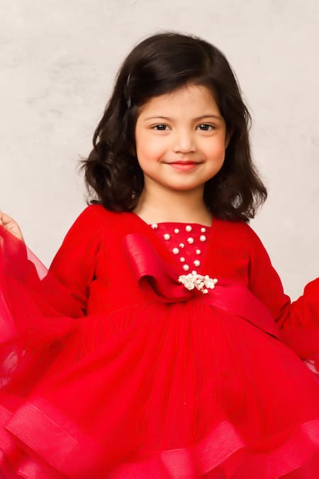 Pinkcow designs pvt ltd_Red Net, Velvet, Cotton Pearls, Bows Embellished Ruffled Dress _at_Aza_Fashions