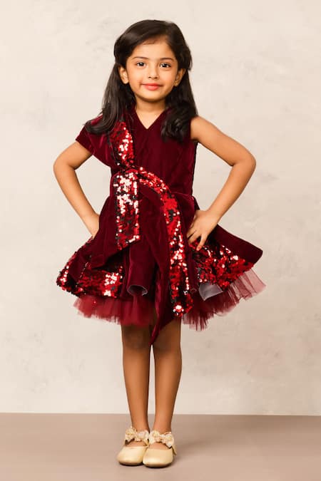 Pinkcow designs pvt ltd Maroon Net, Velvet, Linen Sequins Panel Embellished Dress Online at Aza Fashions Pinkcow designs pvt ltd_Maroon Net, Velvet, Linen Sequins Panel Embellished Dress _Online_at_Aza_Fashions