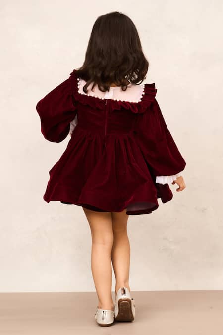Pinkcow designs pvt ltd Maroon Puffed Sleeve Velvet Dress 