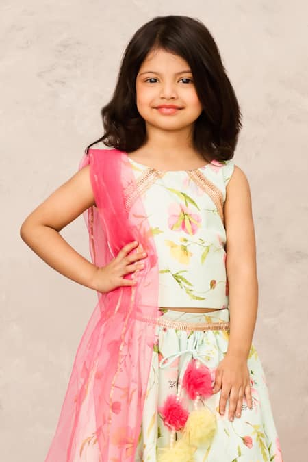 Pinkcow designs pvt ltd Green Net, Linen, Cotton Pom-poms Mint Floral Print Lehenga Set Online at Aza Fashions Pinkcow designs pvt ltd_Green Net, Linen, Cotton Pom-poms Mint Floral Print Lehenga Set _Online_at_Aza_Fashions