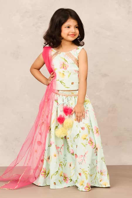 Buy Pinkcow designs pvt ltd Green Net, Linen, Cotton Pom-poms Mint Floral Print Lehenga Set Online at Aza Fashions Buy_Pinkcow designs pvt ltd_Green Net, Linen, Cotton Pom-poms Mint Floral Print Lehenga Set _Online_at_Aza_Fashions