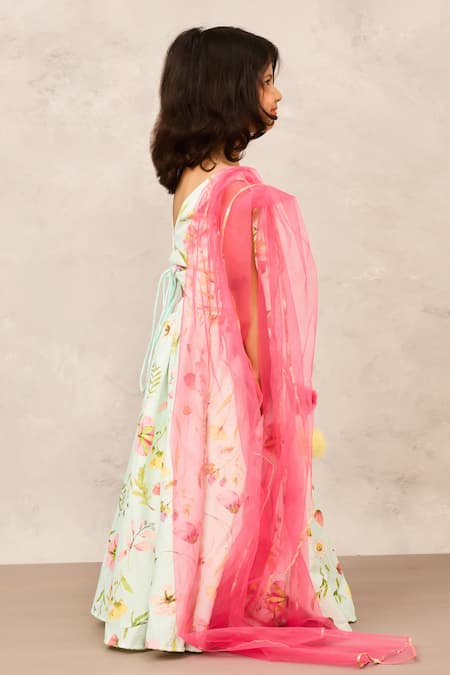 Shop Pinkcow designs pvt ltd Green Net, Linen, Cotton Pom-poms Mint Floral Print Lehenga Set Online at Aza Fashions Shop_Pinkcow designs pvt ltd_Green Net, Linen, Cotton Pom-poms Mint Floral Print Lehenga Set _Online_at_Aza_Fashions