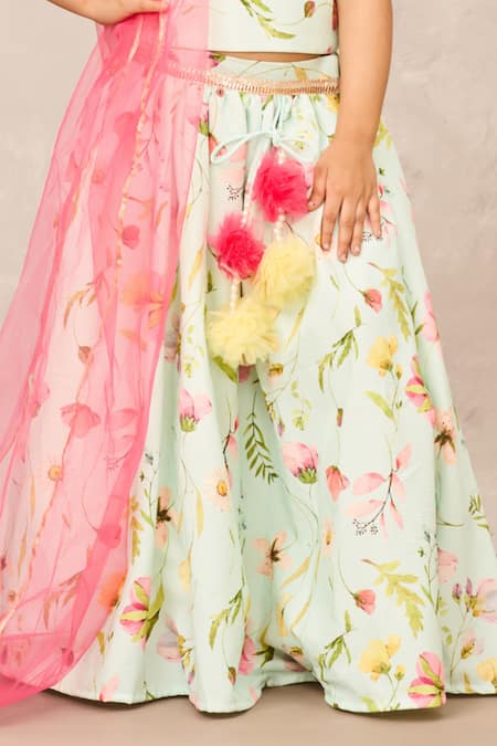 Buy Pinkcow designs pvt ltd Green Net, Linen, Cotton Pom-poms Mint Floral Print Lehenga Set Buy_Pinkcow designs pvt ltd_Green Net, Linen, Cotton Pom-poms Mint Floral Print Lehenga Set