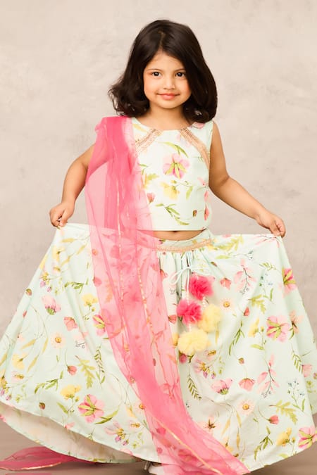 Shop Pinkcow designs pvt ltd Green Net, Linen, Cotton Pom-poms Mint Floral Print Lehenga Set Shop_Pinkcow designs pvt ltd_Green Net, Linen, Cotton Pom-poms Mint Floral Print Lehenga Set