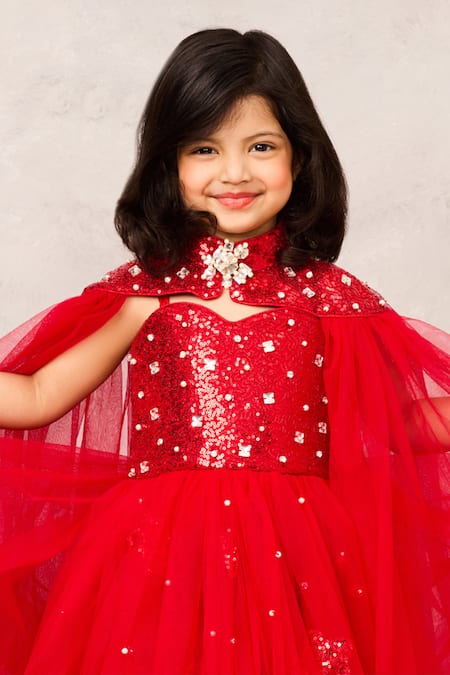 Pinkcow designs pvt ltd_Red Net, Cotton Sequins Embellished Cape And Gown Set _Online_at_Aza_Fashions
