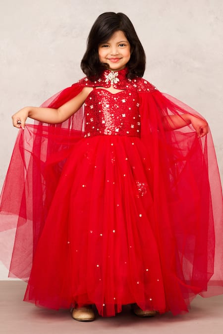 Buy_Pinkcow designs pvt ltd_Red Net, Cotton Sequins Embellished Cape And Gown Set _Online_at_Aza_Fashions