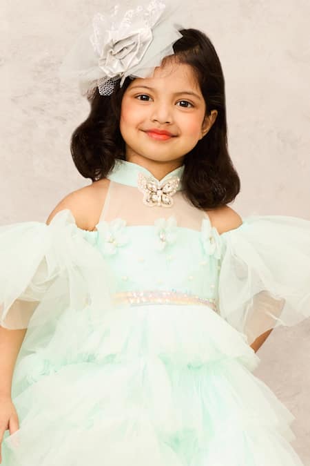 Pinkcow designs pvt ltd_Blue Net, Cotton Pearls High Low Ruffle Tiered Gown _Online_at_Aza_Fashions