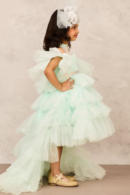 Buy_Pinkcow designs pvt ltd_Blue Net, Cotton Pearls High Low Ruffle Tiered Gown _Online_at_Aza_Fashions