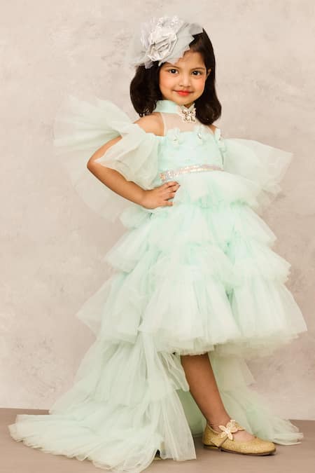 Shop_Pinkcow designs pvt ltd_Blue Net, Cotton Pearls High Low Ruffle Tiered Gown _Online_at_Aza_Fashions