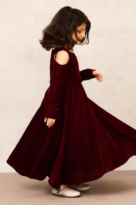 Pinkcow designs pvt ltd Maroon Velvet, Lace Cold Shoulder Gown Online at Aza Fashions Pinkcow designs pvt ltd_Maroon Velvet, Lace Cold Shoulder Gown _Online_at_Aza_Fashions
