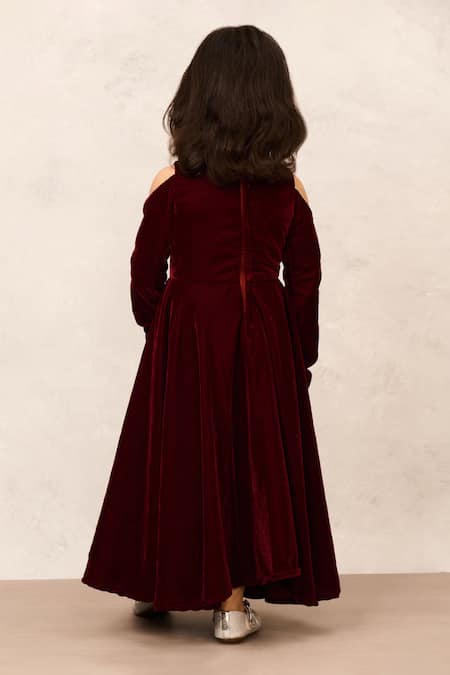Pinkcow designs pvt ltd Maroon Cold Shoulder Velvet Gown 