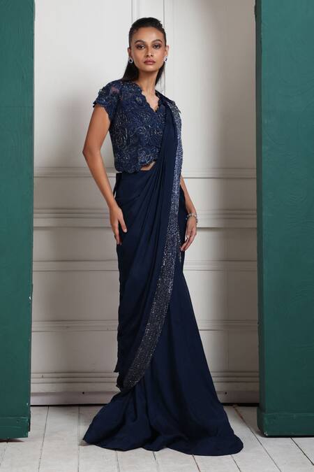 Smriti By Anju Agarwal_Blue Silk, Chiffon Beads, Applique, Pipe Border Embroidered Pre-draped Saree _Online_at_Aza_Fashions