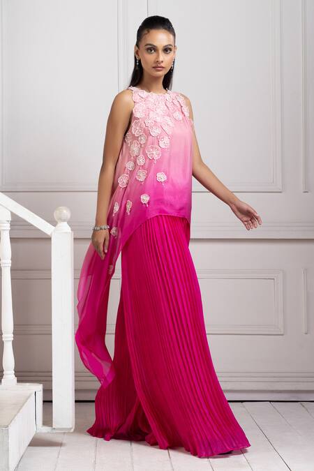 Smriti By Anju Agarwal_Pink Chiffon Applique Round Neck Ombre Top And Pleated Flared Pant Set _Online_at_Aza_Fashions