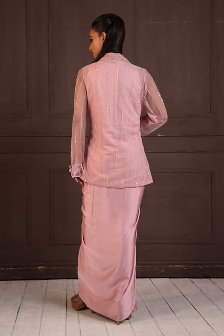 Shop Smriti By Anju Agarwal Pink Organza, Crepe Pearls, Applique Round Neck, Blush Jacket And Dress Set at Aza Fashions Shop_Smriti By Anju Agarwal_Pink Organza, Crepe Pearls, Applique Round Neck, Blush Jacket And Dress Set _at_Aza_Fashions