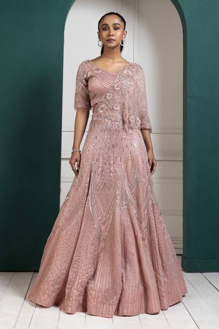 Smriti By Anju Agarwal Peach Organza, Satin Sequins, Beads, Embroidery Round Brazen Ray Lehenga Set Online at Aza Fashions Smriti By Anju Agarwal_Peach Organza, Satin Sequins, Beads, Embroidery Round Brazen Ray Lehenga Set _Online_at_Aza_Fashions