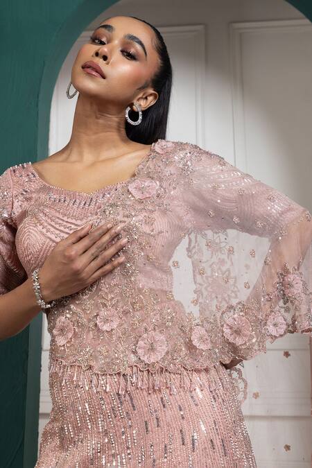 Shop Smriti By Anju Agarwal Peach Organza, Satin Sequins, Beads, Embroidery Round Brazen Ray Lehenga Set Online at Aza Fashions Shop_Smriti By Anju Agarwal_Peach Organza, Satin Sequins, Beads, Embroidery Round Brazen Ray Lehenga Set _Online_at_Aza_Fashions