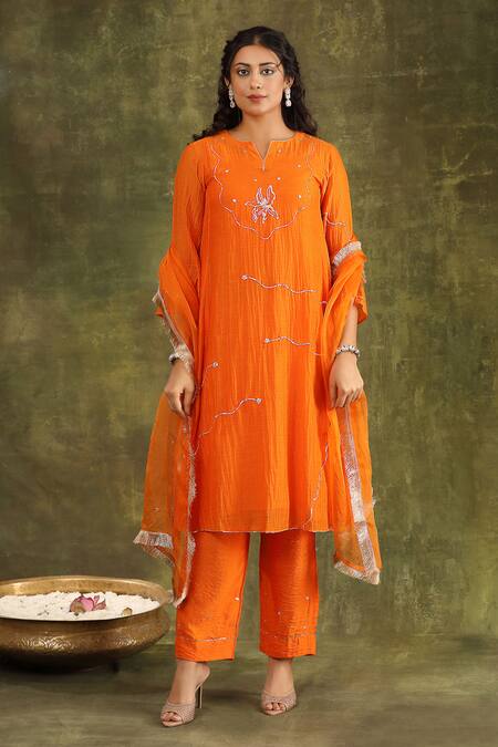 Trendy Tokari Orange Silk, Organza Embroidery Split V-neck Pitta Hand Kurta Pant Set Online at Aza Fashions Trendy Tokari_Orange Silk, Organza Embroidery Split V-neck Pitta Hand Kurta Pant Set _Online_at_Aza_Fashions