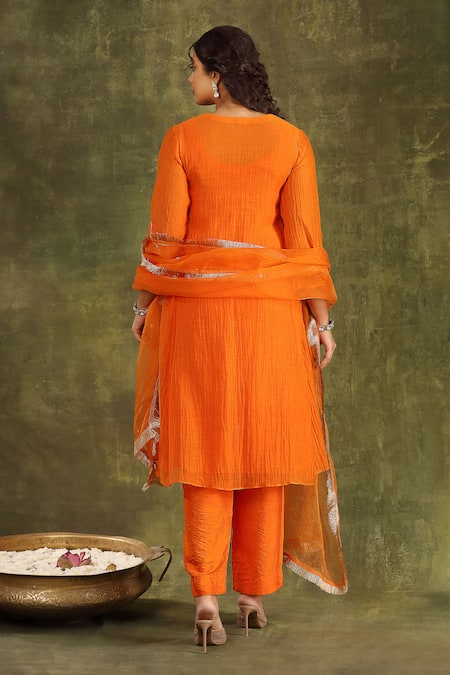 Shop Trendy Tokari Orange Silk, Organza Embroidery Split V-neck Pitta Hand Kurta Pant Set at Aza Fashions Shop_Trendy Tokari_Orange Silk, Organza Embroidery Split V-neck Pitta Hand Kurta Pant Set _at_Aza_Fashions
