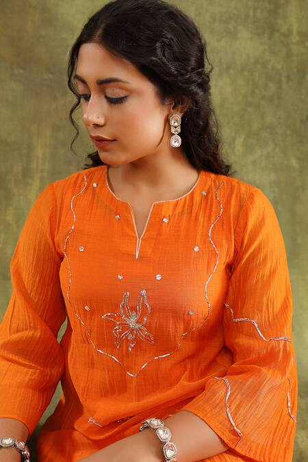 Buy Trendy Tokari Orange Silk, Organza Embroidery Split V-neck Pitta Hand Kurta Pant Set Online at Aza Fashions Buy_Trendy Tokari_Orange Silk, Organza Embroidery Split V-neck Pitta Hand Kurta Pant Set _Online_at_Aza_Fashions