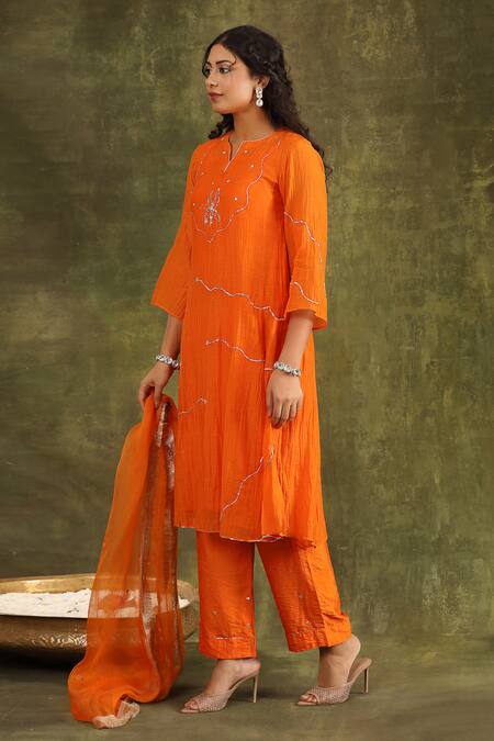 Shop Trendy Tokari Orange Silk, Organza Embroidery Split V-neck Pitta Hand Kurta Pant Set Online at Aza Fashions Shop_Trendy Tokari_Orange Silk, Organza Embroidery Split V-neck Pitta Hand Kurta Pant Set _Online_at_Aza_Fashions