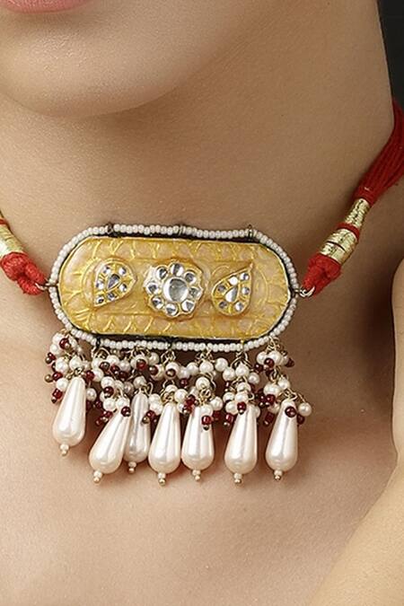 Shop_Dugran By Dugristyle_Multi Color Gold Plated Pearl Embellished Choker _Online_at_Aza_Fashions