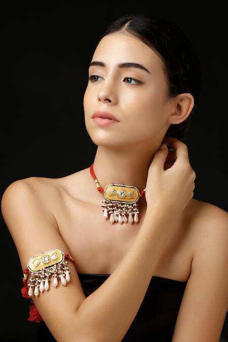 Dugran By Dugristyle_Multi Color Gold Plated Pearl Embellished Choker _at_Aza_Fashions