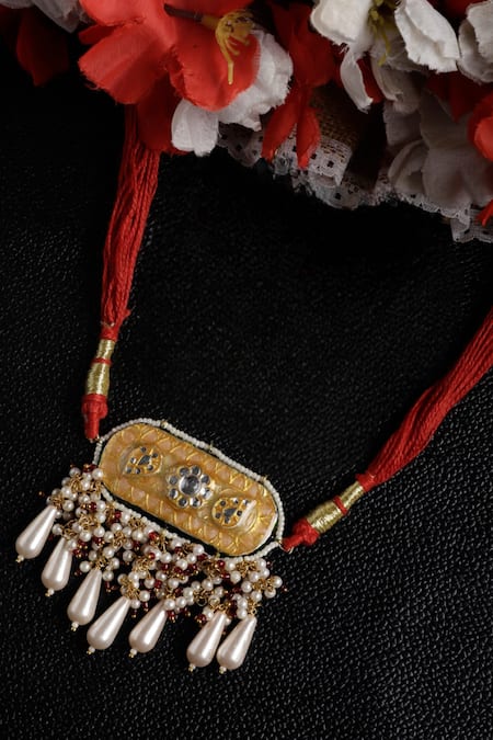 Shop Dugran By Dugristyle Multi Color Gold Plated Pearl Embellished Choker at Aza Fashions Shop_Dugran By Dugristyle_Multi Color Gold Plated Pearl Embellished Choker _at_Aza_Fashions