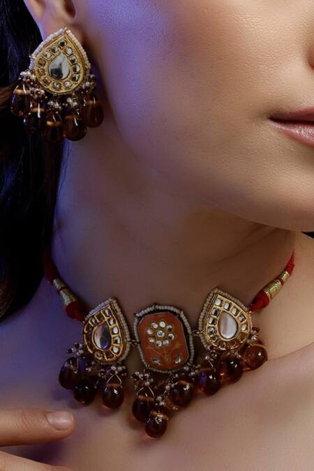 Buy Dugran By Dugristyle Multi Color Pearls, Stones Kundan Embellished Pendant Choker Set Buy_Dugran By Dugristyle_Multi Color Pearls, Stones Kundan Embellished Pendant Choker Set