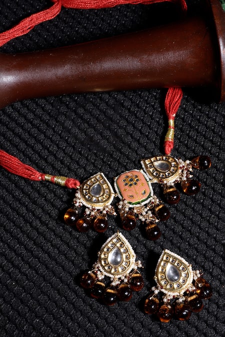 Shop Dugran By Dugristyle Multi Color Pearls, Stones Kundan Embellished Pendant Choker Set at Aza Fashions Shop_Dugran By Dugristyle_Multi Color Pearls, Stones Kundan Embellished Pendant Choker Set _at_Aza_Fashions