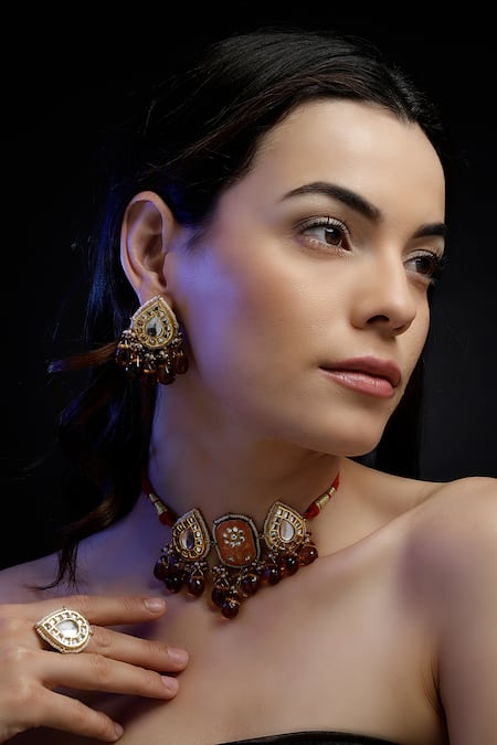 Dugran By Dugristyle Multi Color Pearls, Stones Kundan Embellished Pendant Choker Set