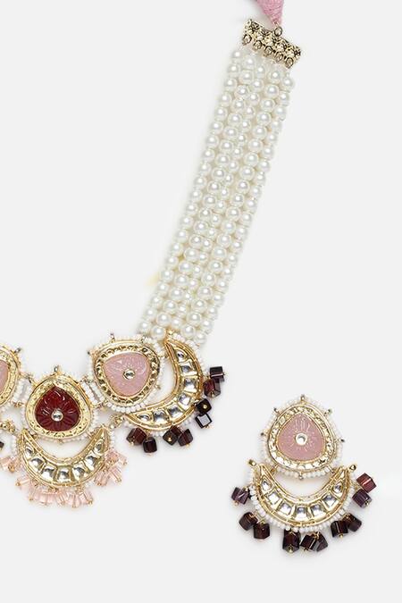 Shop Dugran By Dugristyle Multi Color Pearls, Stones, Gota Half Crescent Shaped Necklace And Earring Set Online at Aza Fashions Shop_Dugran By Dugristyle_Multi Color Pearls, Stones, Gota Half Crescent Shaped Necklace And Earring Set _Online_at_Aza_Fashions