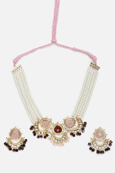 Dugran By Dugristyle Multi Color Pearls, Stones, Gota Half Crescent Shaped Necklace And Earring Set at Aza Fashions Dugran By Dugristyle_Multi Color Pearls, Stones, Gota Half Crescent Shaped Necklace And Earring Set _at_Aza_Fashions