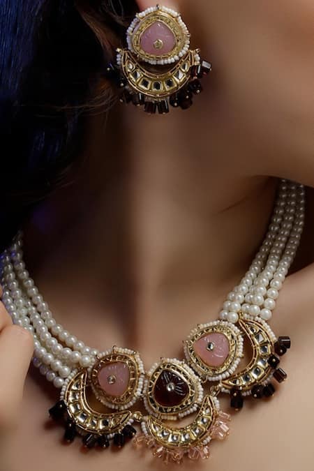 Buy Dugran By Dugristyle Multi Color Pearls, Stones, Gota Half Crescent Shaped Necklace And Earring Set Buy_Dugran By Dugristyle_Multi Color Pearls, Stones, Gota Half Crescent Shaped Necklace And Earring Set