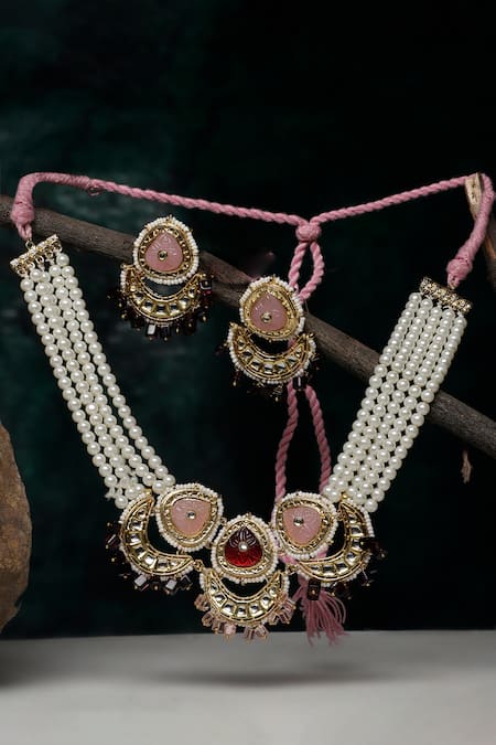 Shop Dugran By Dugristyle Multi Color Pearls, Stones, Gota Half Crescent Shaped Necklace And Earring Set at Aza Fashions Shop_Dugran By Dugristyle_Multi Color Pearls, Stones, Gota Half Crescent Shaped Necklace And Earring Set _at_Aza_Fashions