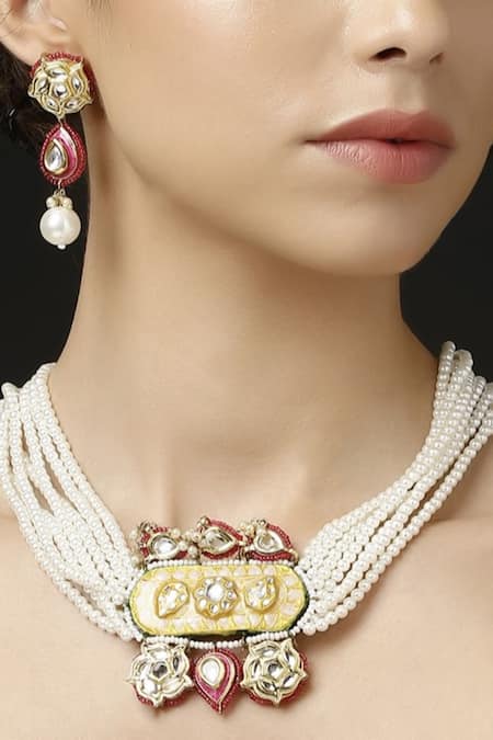 Buy_Dugran By Dugristyle_Multi Color Pearls, Stones, Gota Patti Geometric Shaped Pendant Necklace Set _Online_at_Aza_Fashions