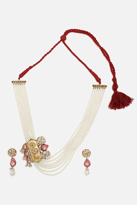 Shop Dugran By Dugristyle Multi Color Pearls, Stones, Gota Patti Geometric Shaped Pendant Necklace Set Online at Aza Fashions Shop_Dugran By Dugristyle_Multi Color Pearls, Stones, Gota Patti Geometric Shaped Pendant Necklace Set _Online_at_Aza_Fashions