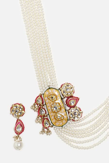 Dugran By Dugristyle Multi Color Pearls, Stones, Gota Patti Geometric Shaped Pendant Necklace Set at Aza Fashions Dugran By Dugristyle_Multi Color Pearls, Stones, Gota Patti Geometric Shaped Pendant Necklace Set _at_Aza_Fashions