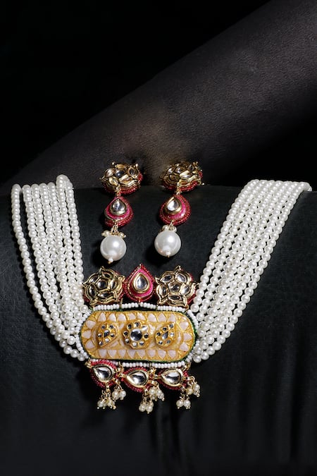 Shop Dugran By Dugristyle Multi Color Pearls, Stones, Gota Patti Geometric Shaped Pendant Necklace Set at Aza Fashions Shop_Dugran By Dugristyle_Multi Color Pearls, Stones, Gota Patti Geometric Shaped Pendant Necklace Set _at_Aza_Fashions