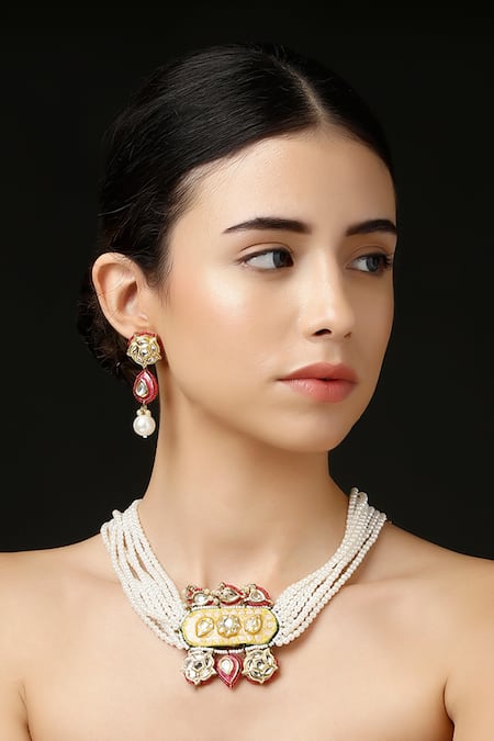 Shop Dugran By Dugristyle Multi Color Pearls, Stones, Gota Patti Geometric Shaped Pendant Necklace Set Shop_Dugran By Dugristyle_Multi Color Pearls, Stones, Gota Patti Geometric Shaped Pendant Necklace Set