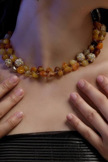 Shop_Dugran By Dugristyle_Gold Plated Pearls, Stones Layered Necklace With _Online_at_Aza_Fashions