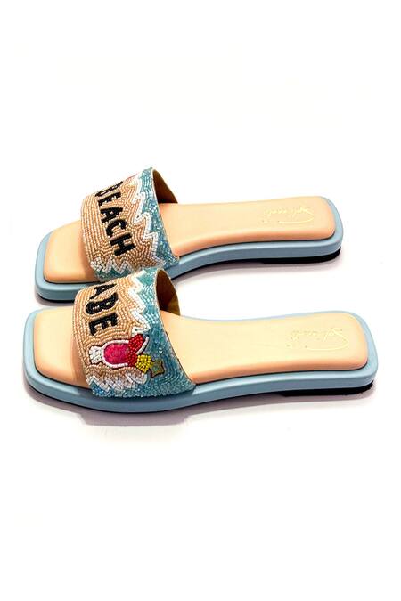 Soleart Blue Beads Embroidered Beach Babe Sliders Online at Aza Fashions Soleart_Blue Beads Embroidered Beach Babe Sliders_Online_at_Aza_Fashions
