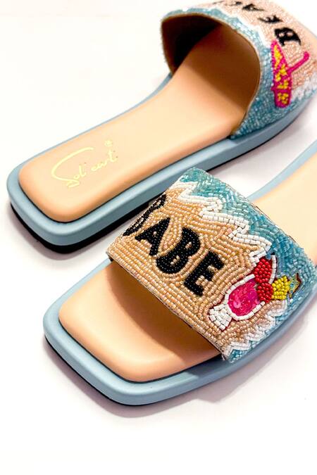 Shop Soleart Blue Beads Embroidered Beach Babe Sliders Online at Aza Fashions Shop_Soleart_Blue Beads Embroidered Beach Babe Sliders_Online_at_Aza_Fashions