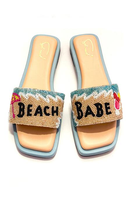Shop Soleart Blue Beads Embroidered Beach Babe Sliders at Aza Fashions Shop_Soleart_Blue Beads Embroidered Beach Babe Sliders_at_Aza_Fashions
