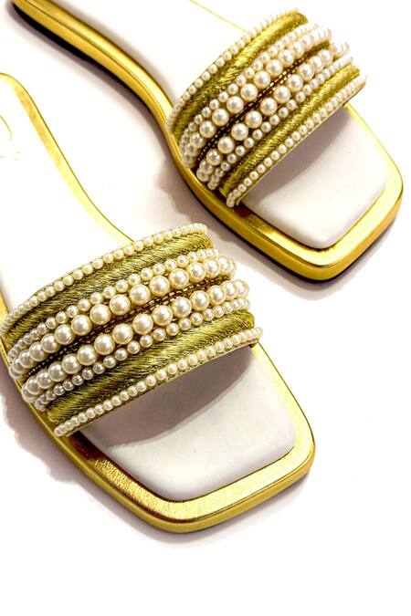 Soleart_Gold Pearl Embroidered Mini Flatform Sliders_Online_at_Aza_Fashions