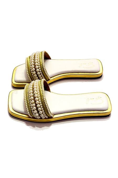 Buy_Soleart_Gold Pearl Embroidered Mini Flatform Sliders_Online_at_Aza_Fashions