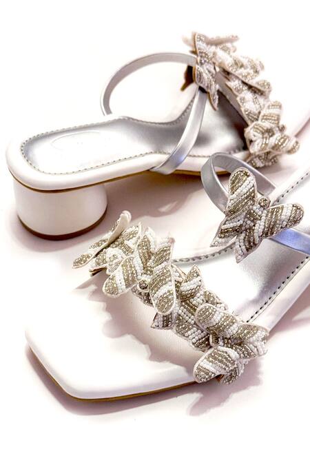 Soleart_White Cut Work, Beads Butterwings 3d Embroidered Heels_Online_at_Aza_Fashions